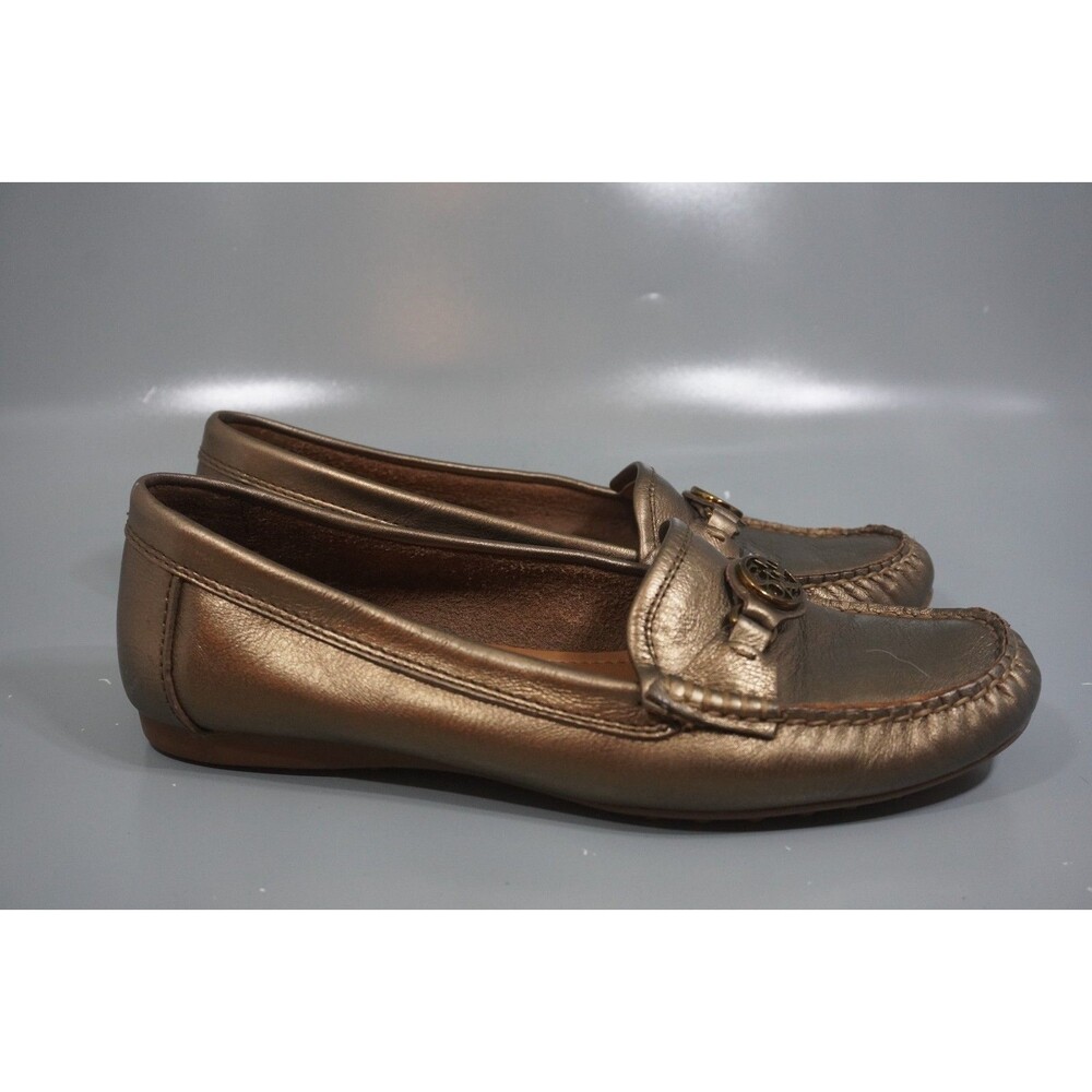 Coach Fonda Womens 7.5B Gold Patent Leather Driving Loafers Moccasin Flats Logo